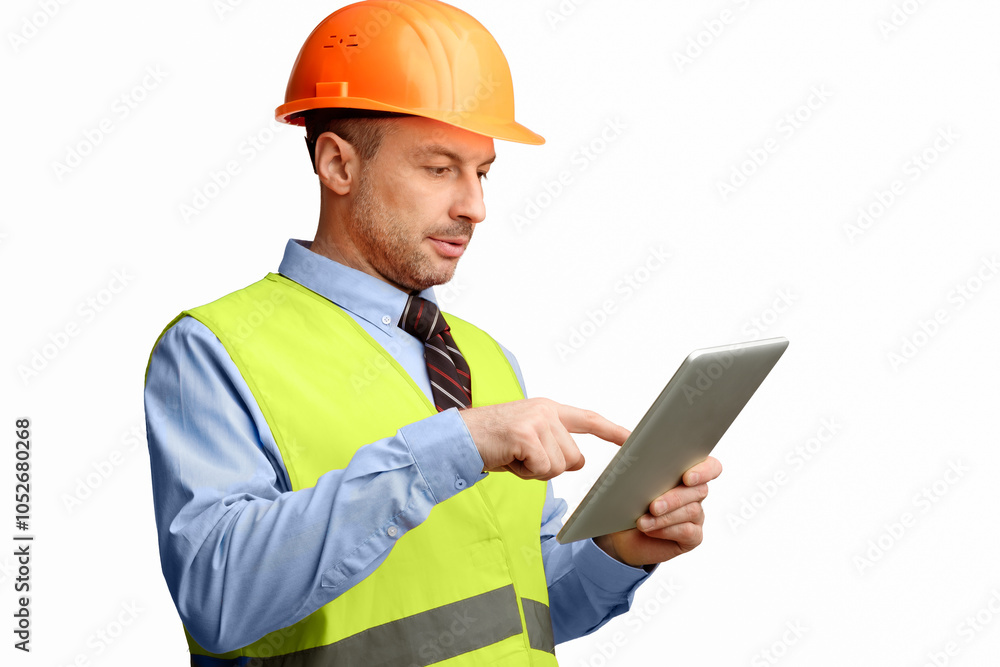 Aufkleber Building Engineer Using Digital Tablet Computer Standing On White Background. Industrial Engineering Concept. Studio Shot