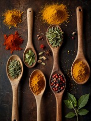 Colorful traditional herbs and spices for culinary use