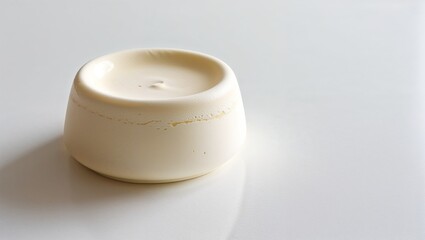 Close-up of a single round beige dessert on a reflective white surface. 