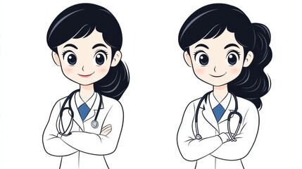 Fototapeta premium Two animated female doctors with stethoscopes and confident expressions, AI