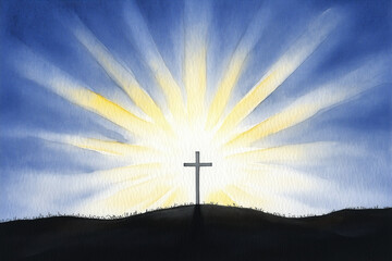 Obraz premium A silhouette of a cross on a hill against a radiant sunrise. The sky is filled with soft blue and yellow rays emanating from the sun, creating a serene and uplifting atmosphere.