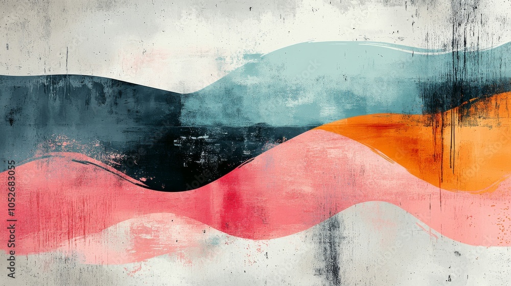 Poster abstract composition with colorful circles and dynamic brushstrokes on canvas