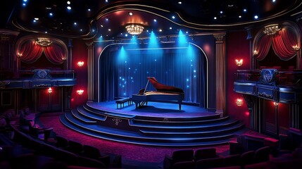 Obraz premium A grand stage with a piano and velvet seats lit by stage lights.