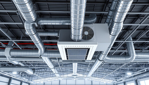 Industrial ventilation system. Pipes for room conditioning. Ventilation under ceiling of building. Air handling unit. Ventilation in warehouse. Air handling unit under hangar roof. 3d image isolated
