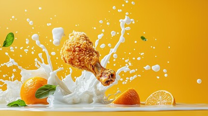   Yellow background, orange splashes drench milk