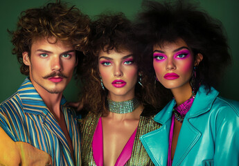 1980s vintage fashion portrait. Man and woman group with retro 80's style. 