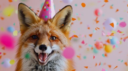 Obraz premium A joyful fox is celebrating while wearing a festive party hat and surrounded by colorful confetti, adding cheerfulness