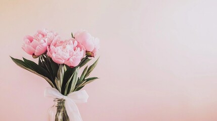 Fototapeta premium A vase with pink flowers sits atop a wooden table, adorned with a white ribbon