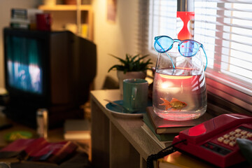 Quirky indoor scene in cozy room with a retro fish tank adorned with blue glasses near a stack of books, a mug, and an old-fashioned red telephone on a wooden shelf