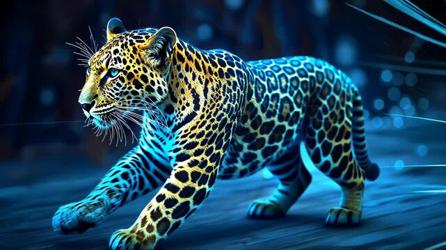 A leopard walks across a dark, blue surface