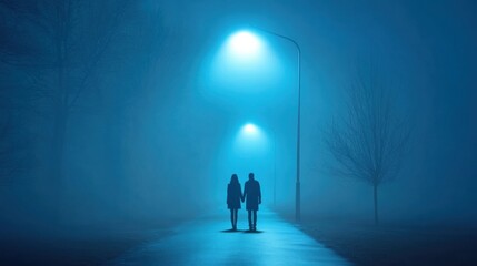 Obraz premium A couple walks hand in hand under streetlights on a foggy night, creating a serene scene, AI