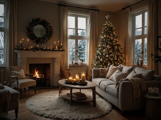 Cozy living room with a decorated Christmas tree