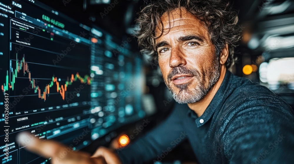 Aufkleber man examining stock market data on computer screen