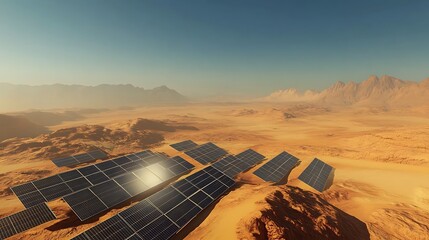 Solar panels spread across a vast desert landscape absorbing sunlight with high efficiency