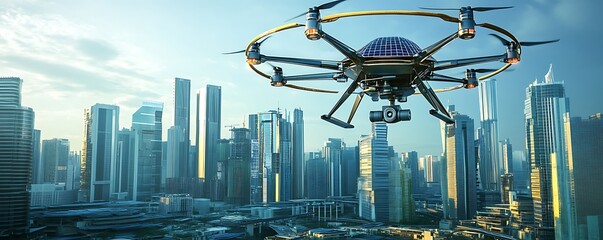 Solar-powered drone hovering over a futuristic urban skyline with energy-efficient skyscrapers