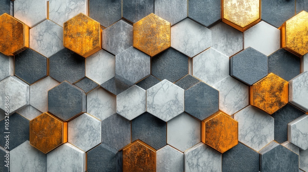 Poster hexagonal tiles in varying textures and colors arranged on a flat surface