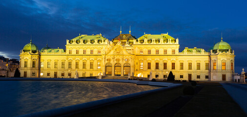 Facade of baroque Belvedere Palace in sunset light in Vienna, Austria