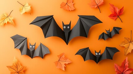 Naklejka premium Paper Bats with Autumn Leaves on Orange Background