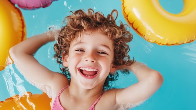 Joyful child swimming with colorful floaties in a pool on a sunny day, capturing fun moments of summer delight