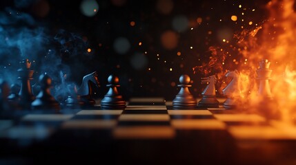 Fototapeta premium Chessboard with fire and smoke representing a strategic battle or competition.