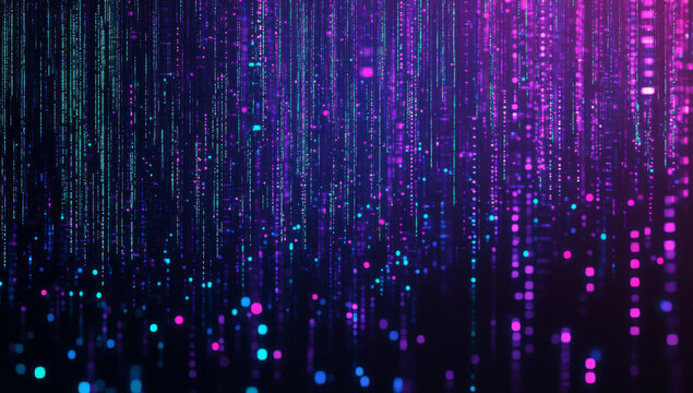 Dark background, vertical lines of blue and purple light with digital glitch effects, creating an abstract texture that resembles pixelated raindrops falling on the screen. 