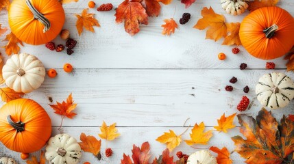 Obraz premium Autumn Harvest Arrangement with Pumpkins and Leaves on White Wooden Background