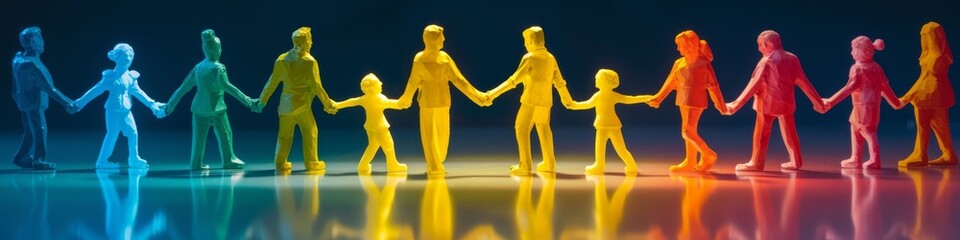 Colorful figurines holding hands in a family formation with reflection