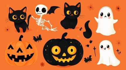 Fototapeta premium Cute Halloween Illustrations: Cats, Pumpkins, and Ghosts