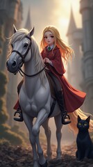 Obraz premium A Girl With Blonde Hair Rides a White Horse Alongside a Black Cat Near a Mystical Castle. Generative AI