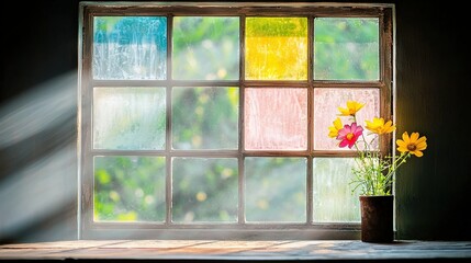 Fototapeta premium A vase holding yellow and red flowers rests before a colorful stained-glass window