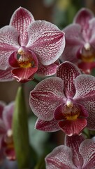 Detailed shot of vibrant pink orchids with intricate patterns against a blurred background.