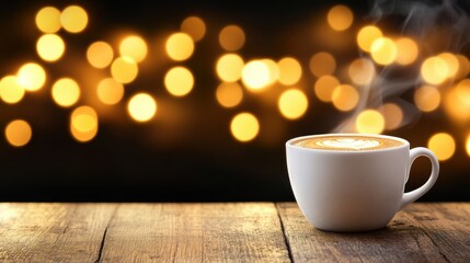 Obraz premium Steaming latte in a white cup against a backdrop of warm, glowing bokeh lights, AI