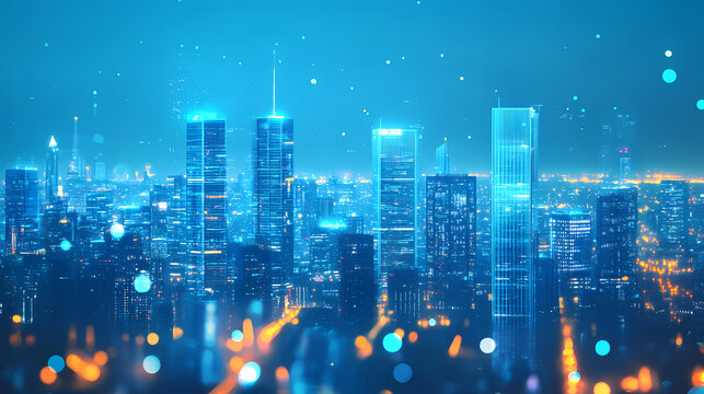 Futuristic blue cityscape with digital skyscrapers. Virtual Cityscape. Illustration