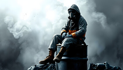 Naklejka premium A man in a gas mask and protective suit sitting on a barrel of chemical waste. Environmental pollution concept. Dirty air with dust and noise, grunge effect isolated with white highlights, png