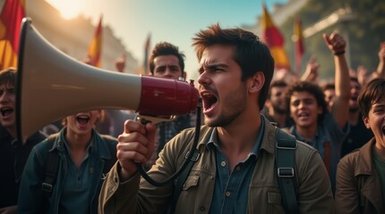 Angry young man shouting with megaphone during street protest surrounded by diverse and committed crowd fighting for their rights