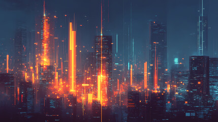 Naklejka premium Futuristic cityscape of glowing bar graphs in orange and blue. Virtual Cityscape. Illustration