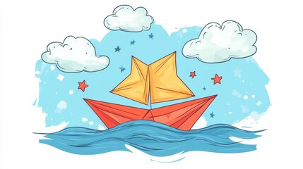 Fototapeta premium Colorful Hand-Drawn Sailboat Illustration on Calm Waters