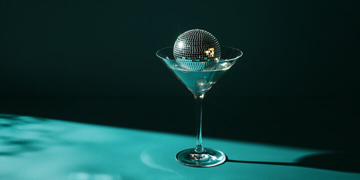 Mini disco ball in martini glass on aquatic awe background. Cocktail party, disco concept. Modern template banner for New Year cards, Christmas holidays, birthday and club events with place for text