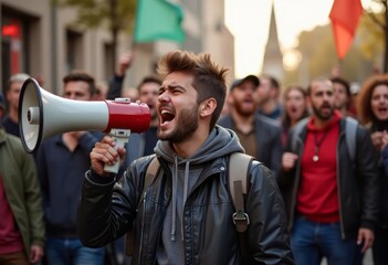 Angry young man shouting with megaphone during street protest surrounded by diverse and committed crowd fighting for their rights