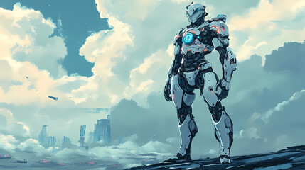 Naklejka premium Futuristic robotic knight standing in a science fiction world , robot, mechanical, armor, technology, artificial intelligence, future. Robotic Warriors. Illustration
