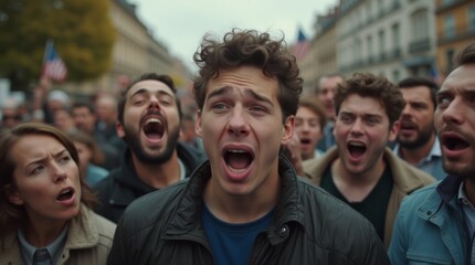 Angry young man shouting during street protest surrounded by diverse and committed crowd fighting for their rights