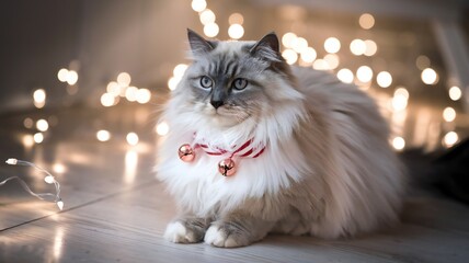 A fluffy white cat with blue eyes sits on a wooden floor with Christmas lights in the background. It wears a red and white striped collar with bells. - Powered by Adobe