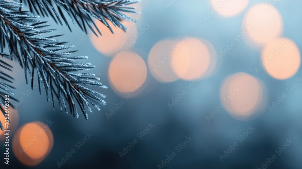 Aufkleber frost-covered pine needles with a soft bokeh background create a serene winter scene, ai