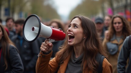 Angry young woman shouting with megaphone during street protest surrounded by diverse and committed crowd fighting for their rights