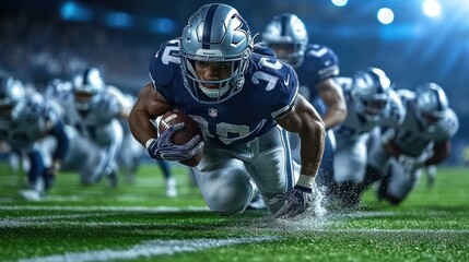 American Football Player in Blue and Silver Uniform Leaping Forward with Football