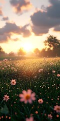 Naklejka premium A vibrant field of delicate pink flowers glistening with morning dew, as the sun rises over the horizon, casting a golden glow and illuminating the serene landscape.