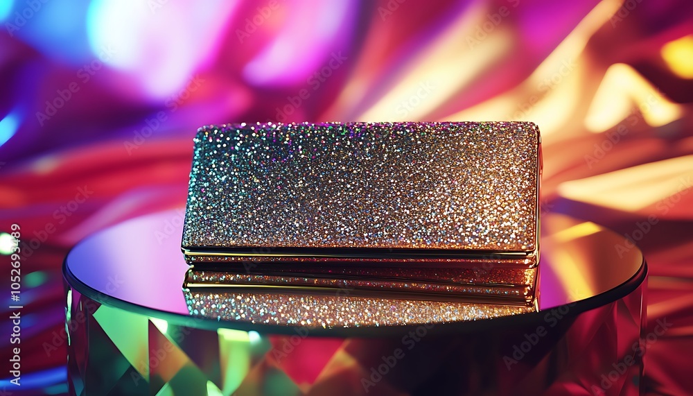 Sticker a glittering evening clutch sitting atop a mirrored platform surrounded by soft colorful lighting