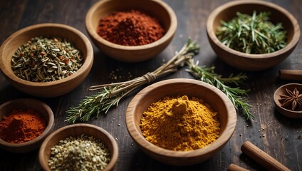 Fototapeta premium Dried herbs and spices in wooden bowls