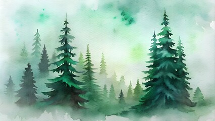 Watercolor painting of foggy pine forest in green and turquoise