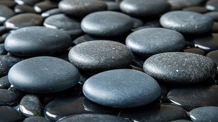 Closeup of smooth, gray stones arranged in a pattern.